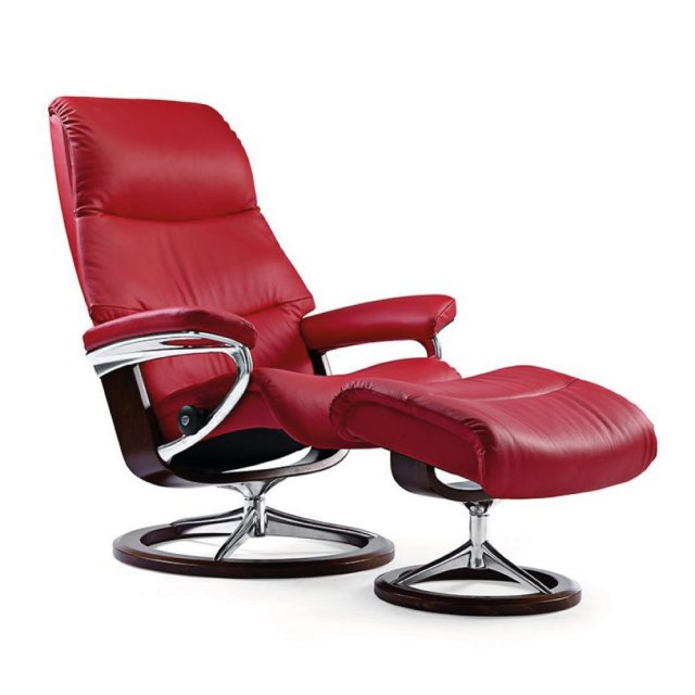 Stressless View Signature Chair With Footstool Shown in Chilli Red