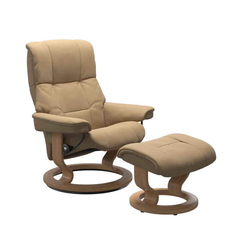 Small Stressless Mayfair Recliner and Stool in Paloma Sand Leather