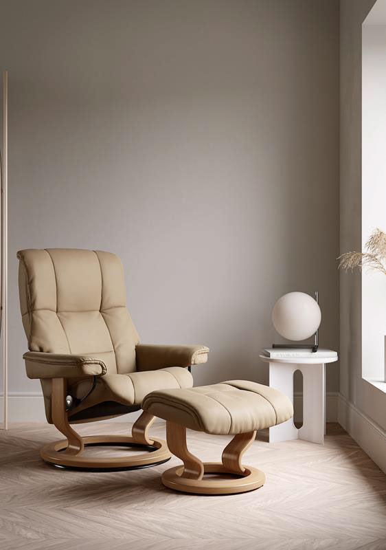Medium Stressless Mayfair Recliner and Stool in Paloma Sand Leather